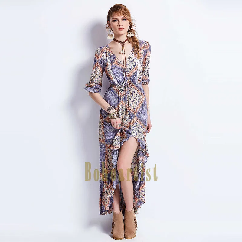 Bohemian Geometric Pattern Waist Irregular Long Dress