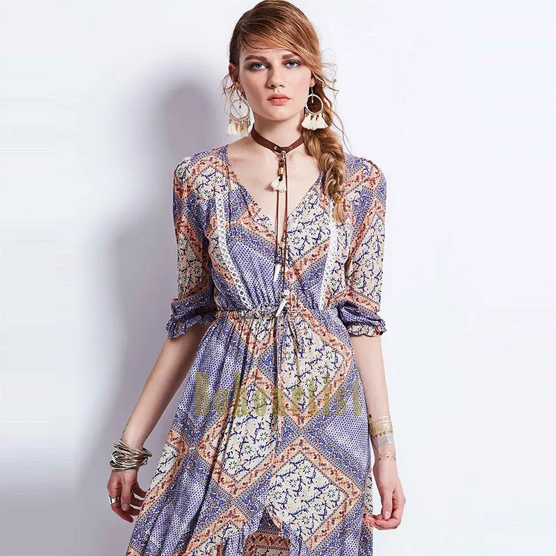 Bohemian Geometric Pattern Waist Irregular Long Dress