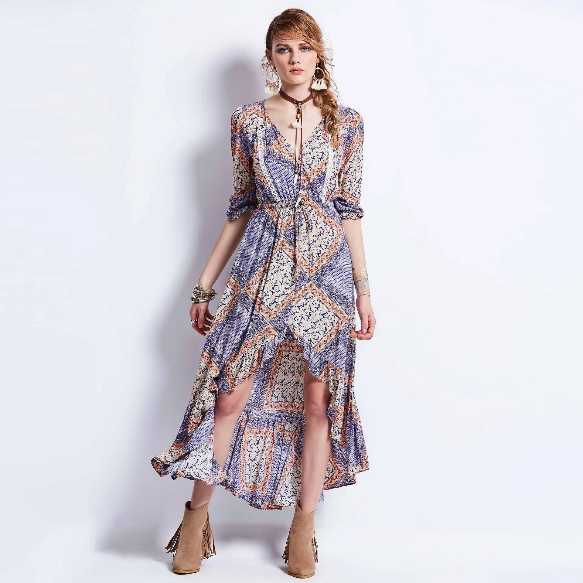 Bohemian Geometric Pattern Waist Irregular Long Dress