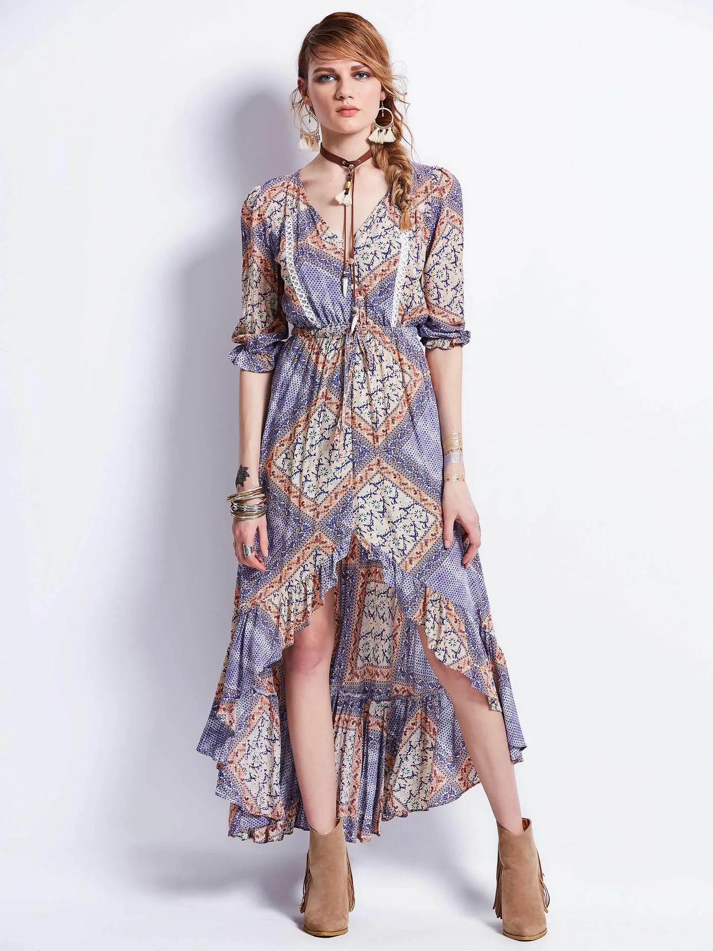 Bohemian Geometric Pattern Waist Irregular Long Dress