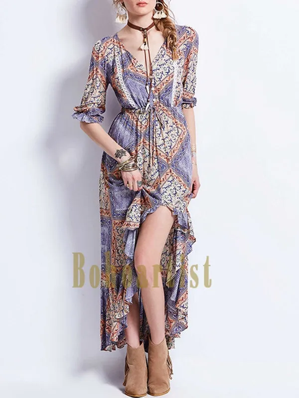 Bohemian Geometric Pattern Waist Irregular Long Dress