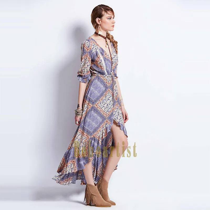 Bohemian Geometric Pattern Waist Irregular Long Dress