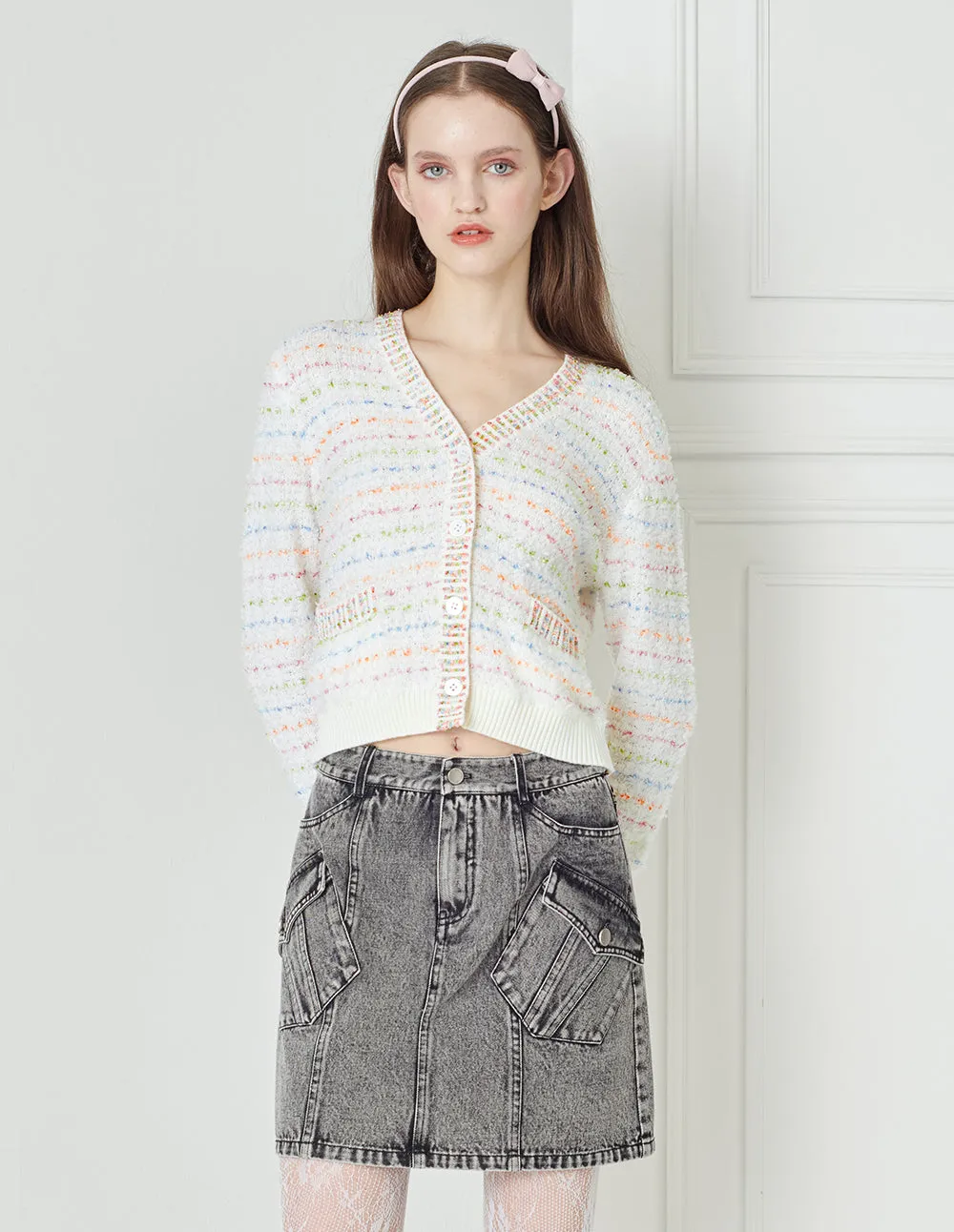 BORA AKSU French Prairie V-Neck Mixed Colour Knitted Cardigan