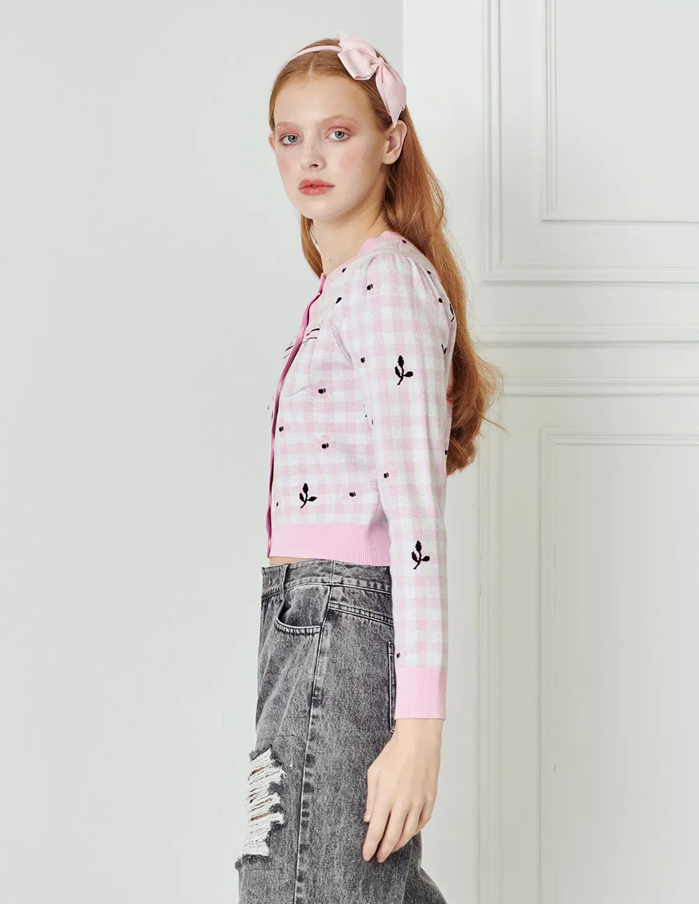 BORA AKSU Jacquard Checked Crewneck Cardigan