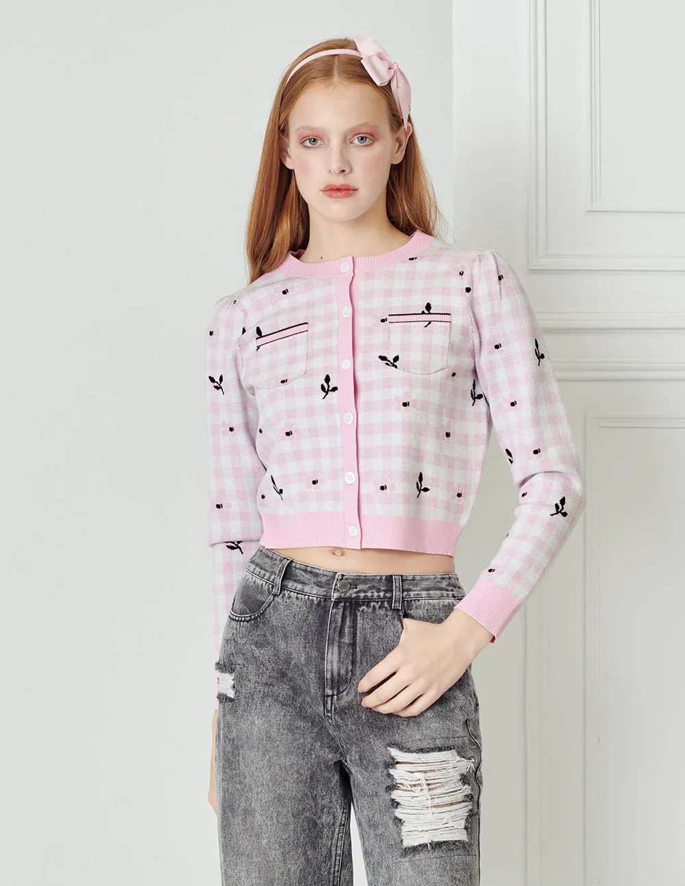 BORA AKSU Jacquard Checked Crewneck Cardigan