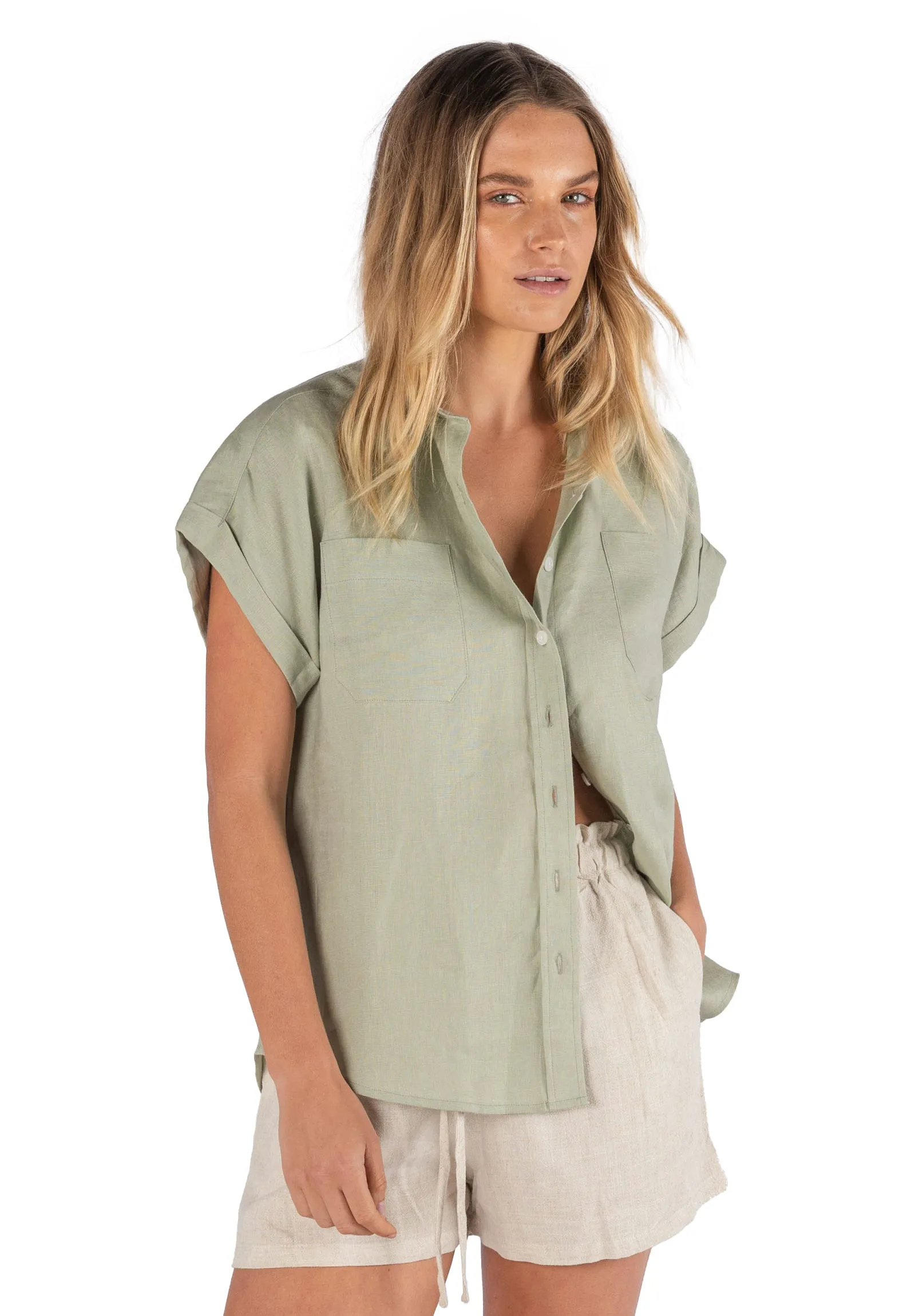 Capri Sage Green SS Linen Shirt