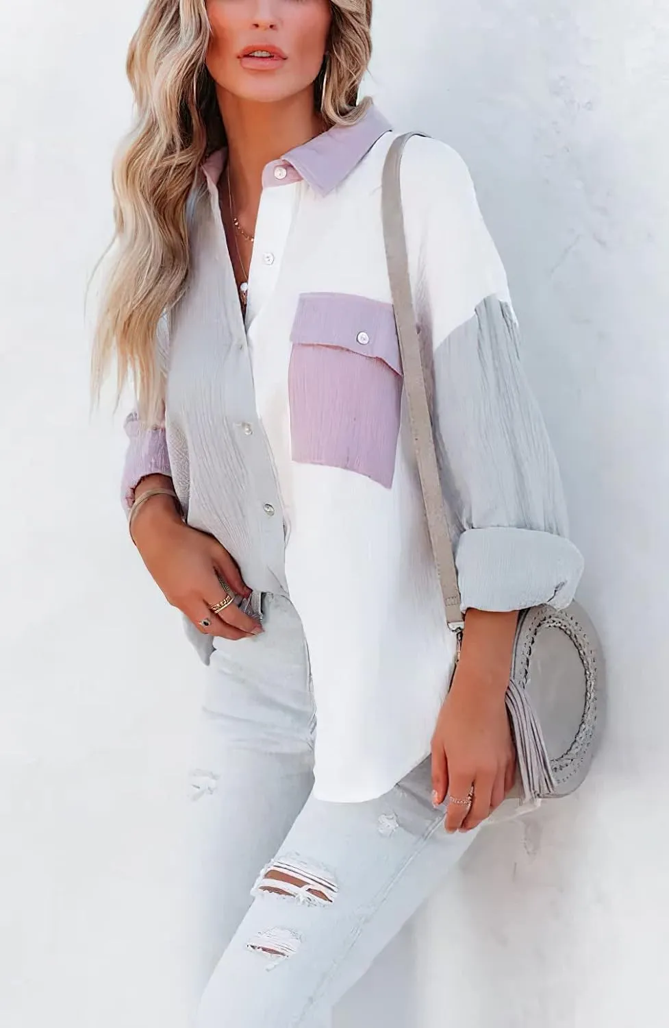 CHARTOU Women's Oversized Color Block Button Down Shirt Drop Long Sleeve Shirt Blouse