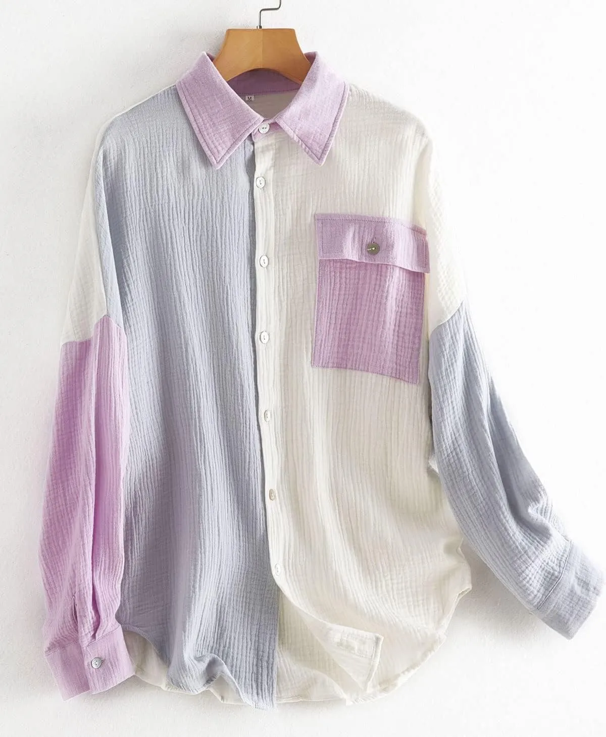 CHARTOU Women's Oversized Color Block Button Down Shirt Drop Long Sleeve Shirt Blouse