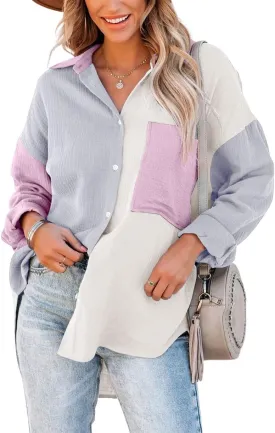 CHARTOU Women's Oversized Color Block Button Down Shirt Drop Long Sleeve Shirt Blouse