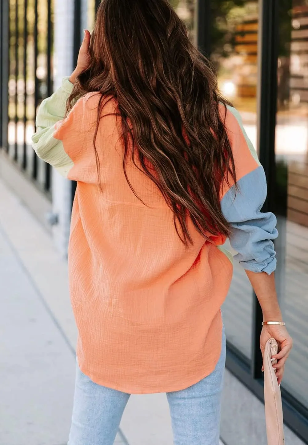 CHARTOU Women's Oversized Color Block Button Down Shirt Drop Long Sleeve Shirt Blouse