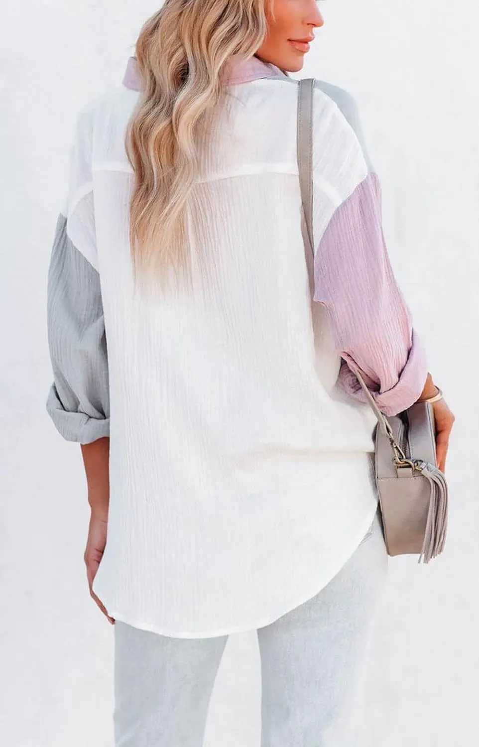 CHARTOU Women's Oversized Color Block Button Down Shirt Drop Long Sleeve Shirt Blouse