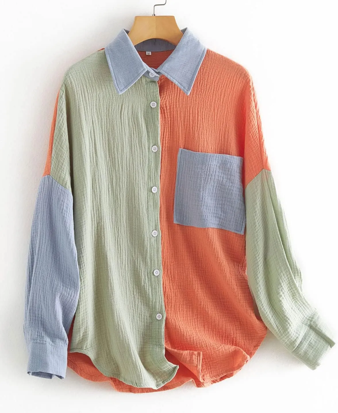 CHARTOU Women's Oversized Color Block Button Down Shirt Drop Long Sleeve Shirt Blouse