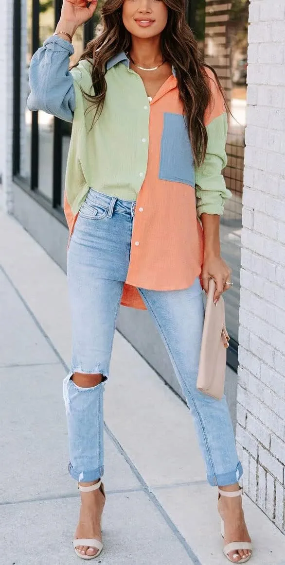 CHARTOU Women's Oversized Color Block Button Down Shirt Drop Long Sleeve Shirt Blouse
