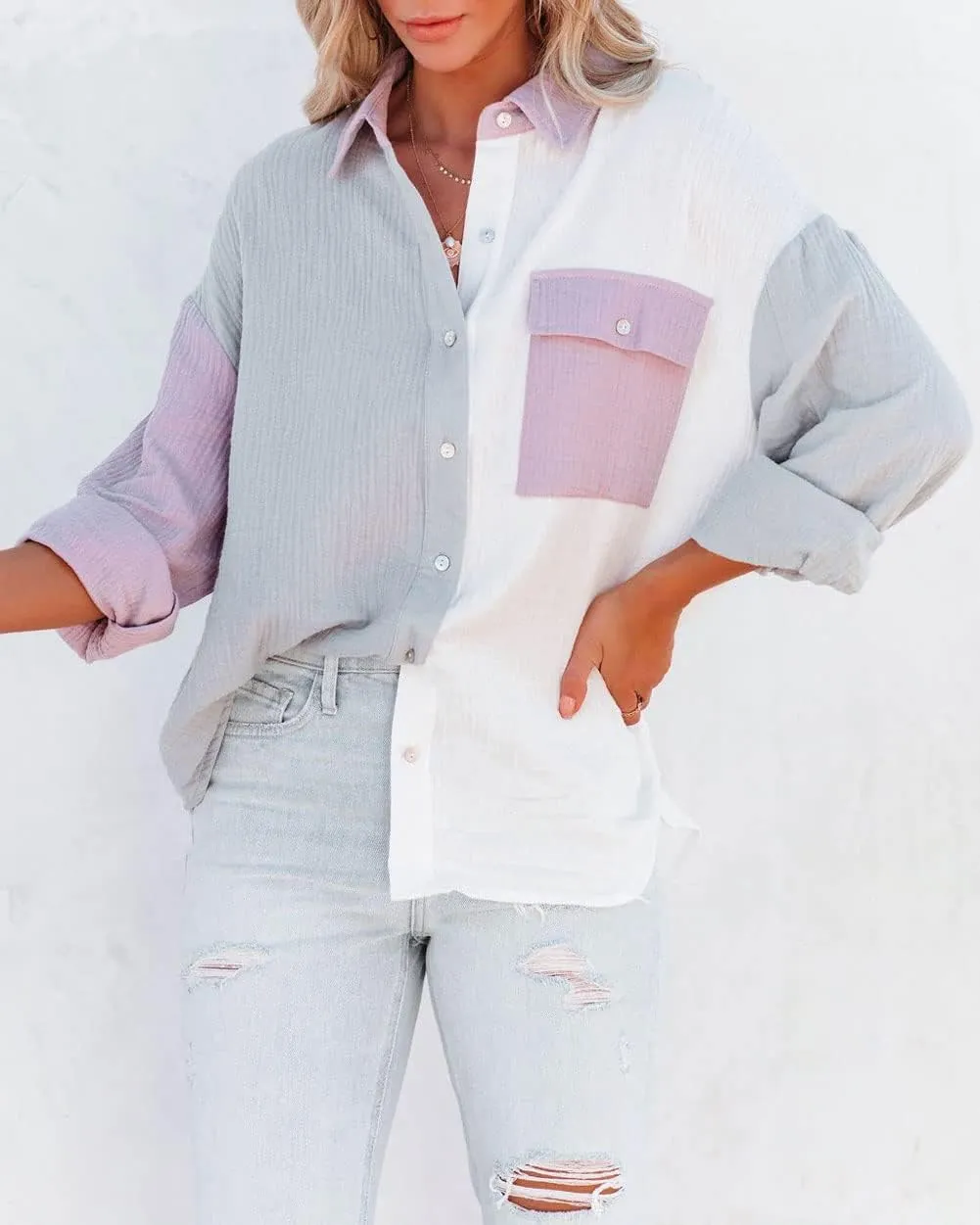 CHARTOU Women's Oversized Color Block Button Down Shirt Drop Long Sleeve Shirt Blouse