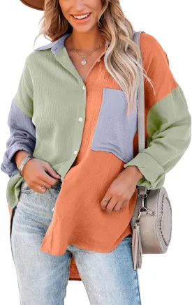 CHARTOU Women's Oversized Color Block Button Down Shirt Drop Long Sleeve Shirt Blouse