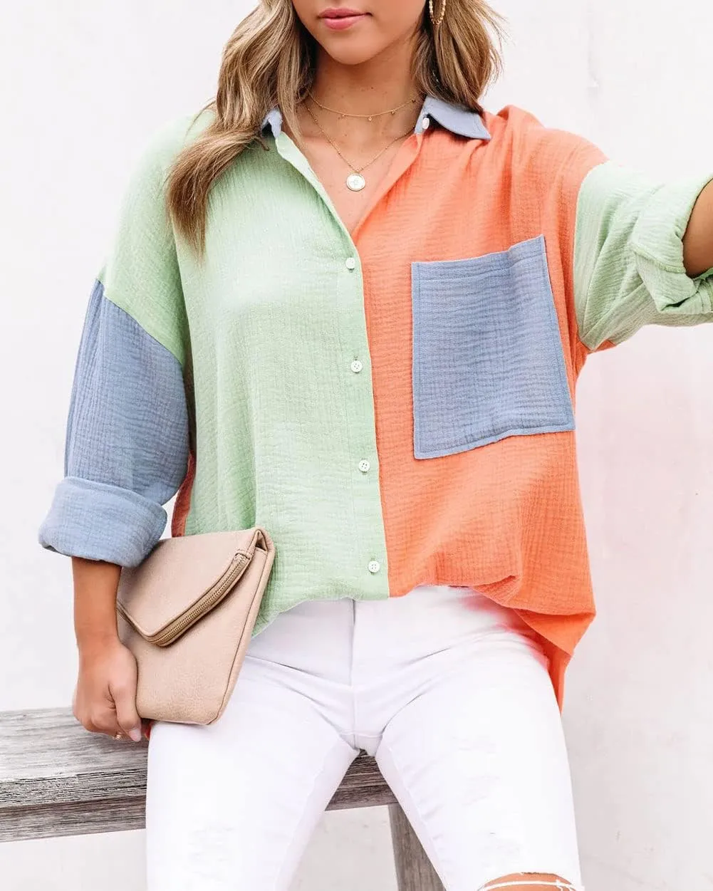 CHARTOU Women's Oversized Color Block Button Down Shirt Drop Long Sleeve Shirt Blouse