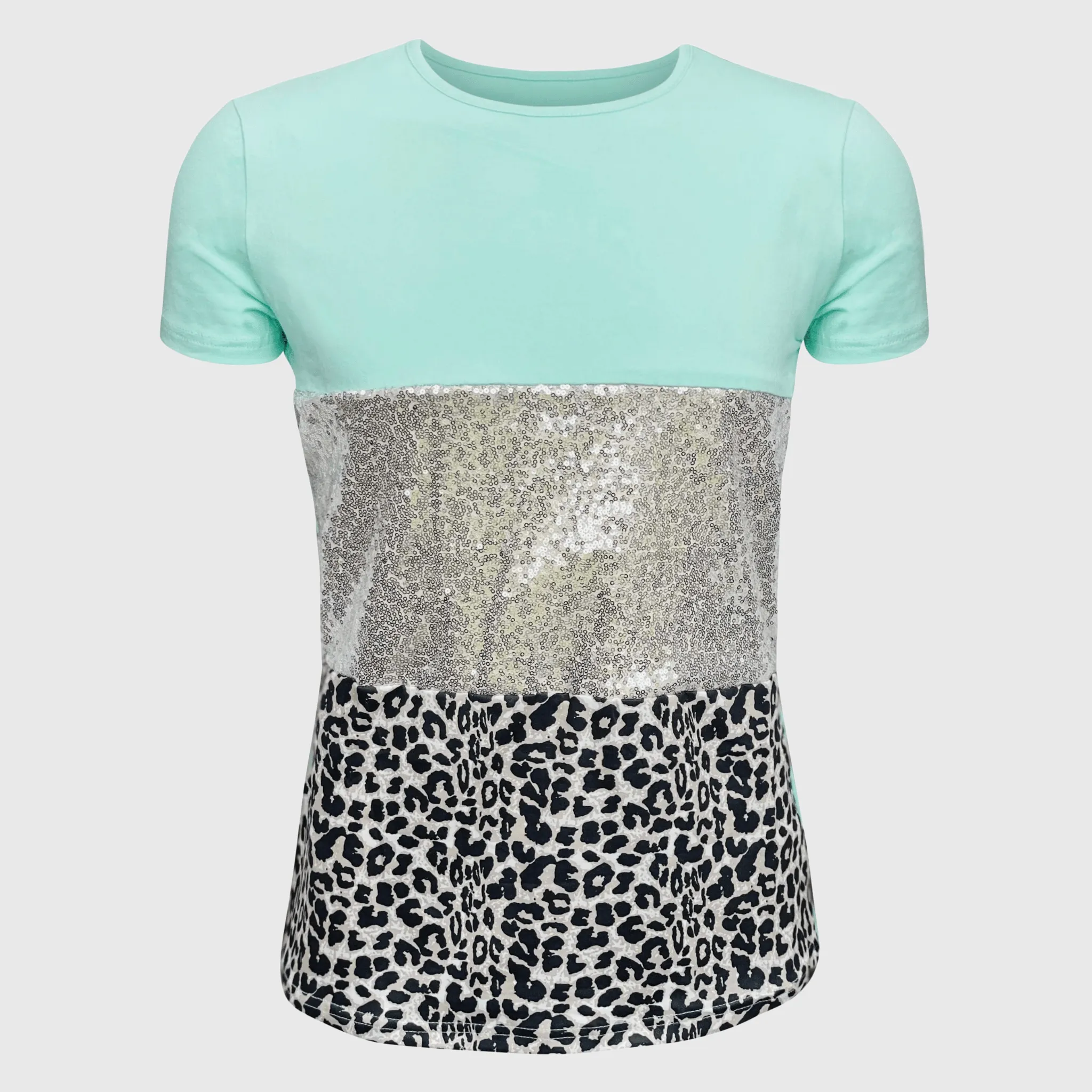 Color Block Mint Sequin Cheetah Top