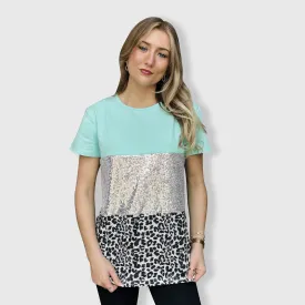 Color Block Mint Sequin Cheetah Top