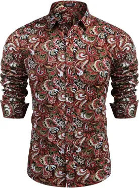 COOFANDY Men's Paisley Cotton Long Sleeve Shirt Floral Print Casual Retro Button Down Shirt