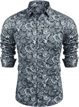 COOFANDY Men's Paisley Cotton Long Sleeve Shirt Floral Print Casual Retro Button Down Shirt
