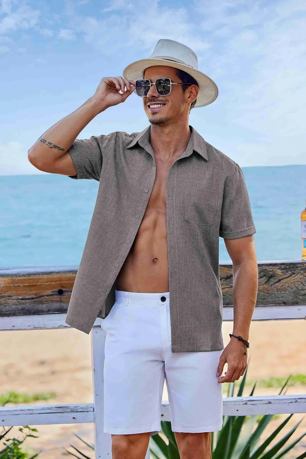 COOFANDY Men's Short Sleeve Button Down Shirt Casual Linen Shirts Summer Beach Vacation Shirt with Pocket
