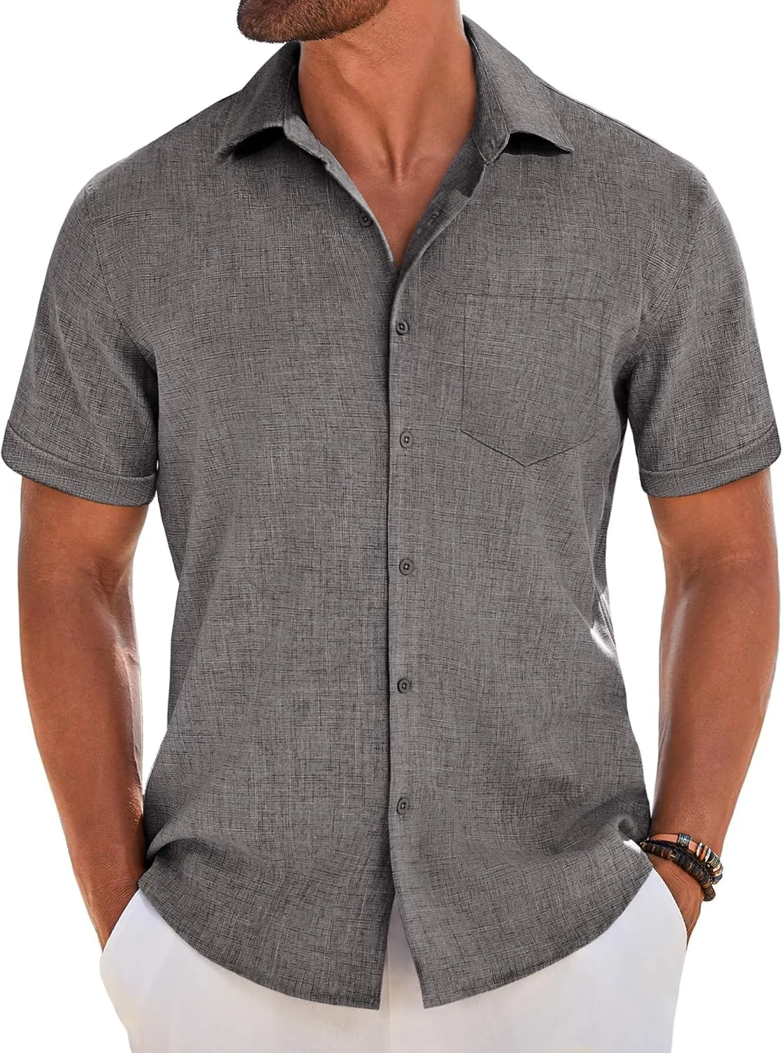 COOFANDY Men's Short Sleeve Button Down Shirt Casual Linen Shirts Summer Beach Vacation Shirt with Pocket