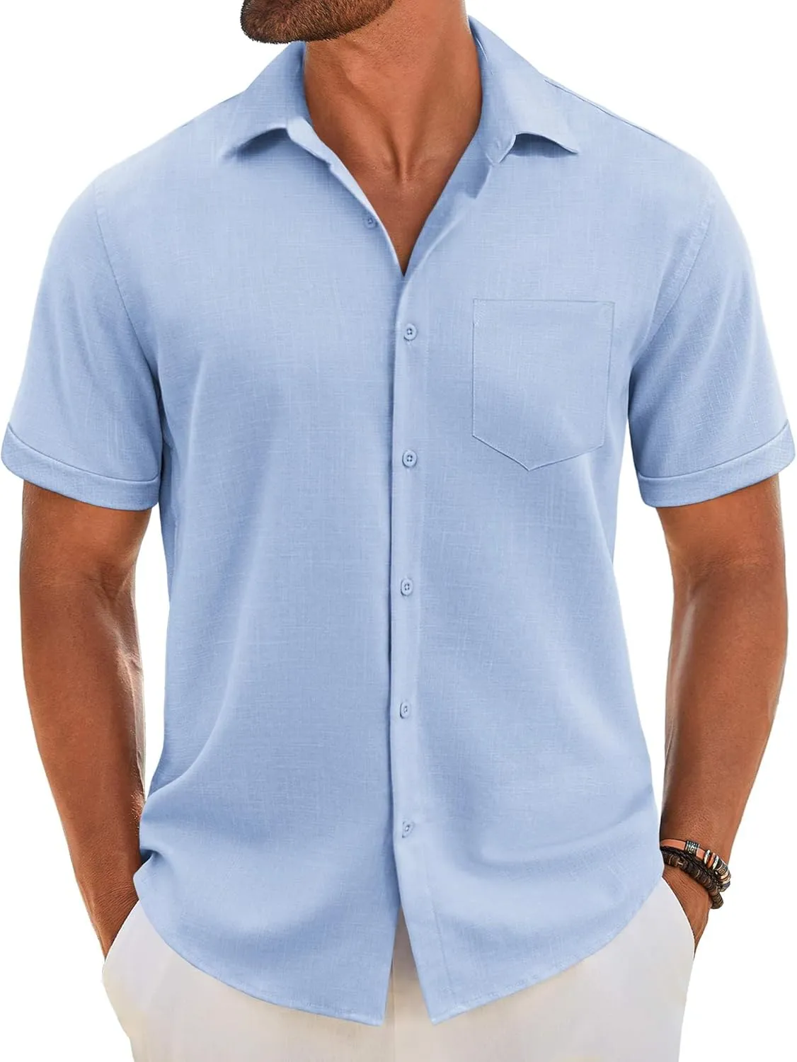 COOFANDY Men's Short Sleeve Button Down Shirt Casual Linen Shirts Summer Beach Vacation Shirt with Pocket