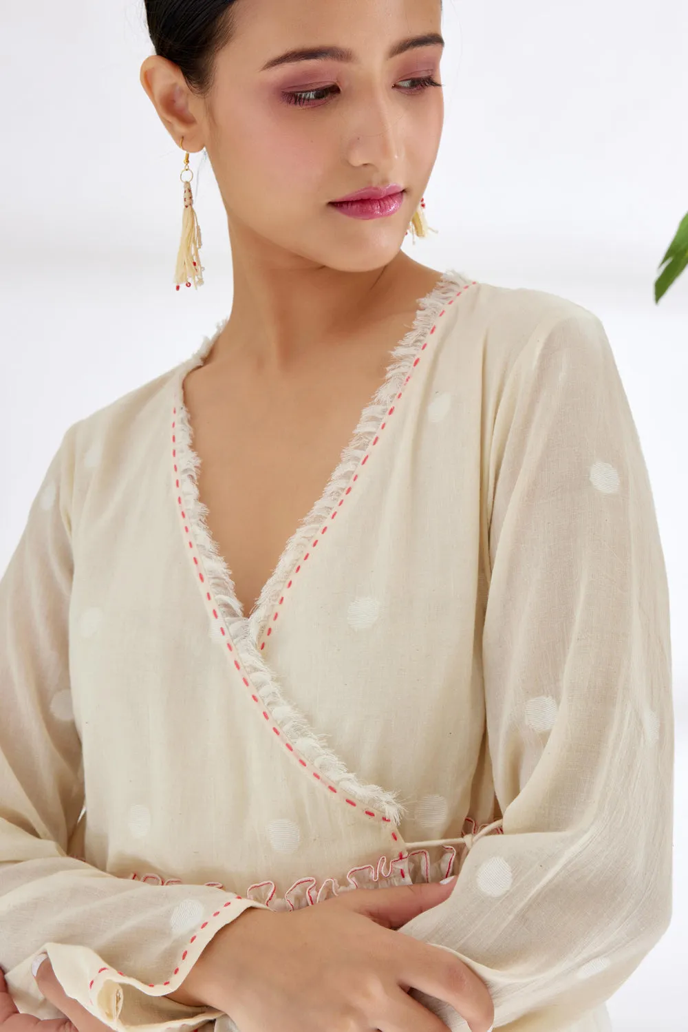 Cream Hand Woven Polka Dot Jamdani Wrap Top