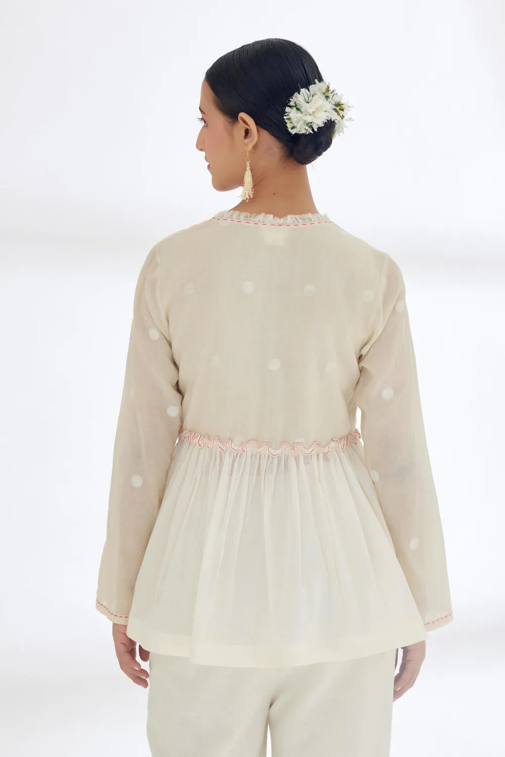 Cream Hand Woven Polka Dot Jamdani Wrap Top