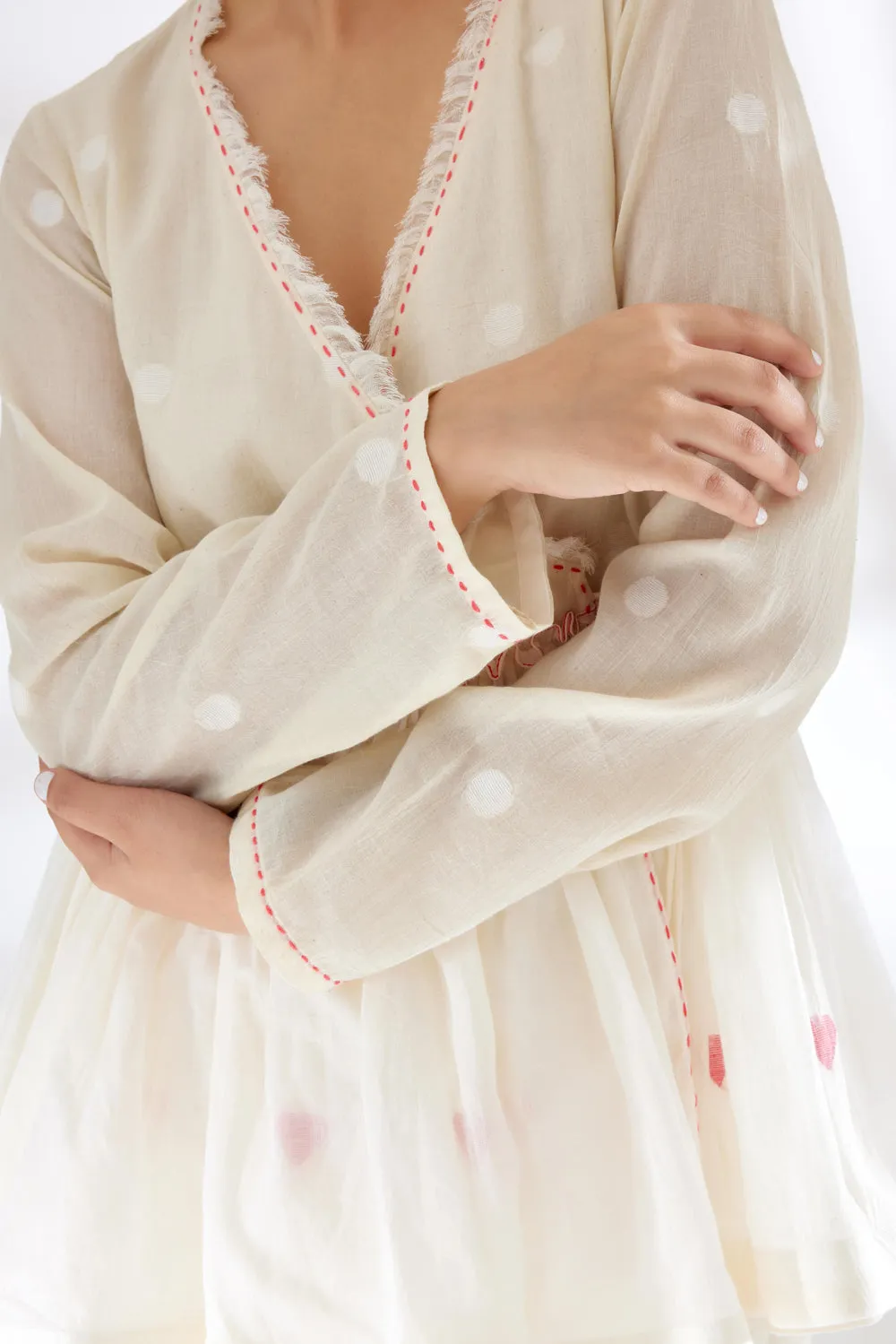 Cream Hand Woven Polka Dot Jamdani Wrap Top