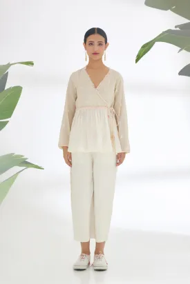 Cream Hand Woven Polka Dot Jamdani Wrap Top