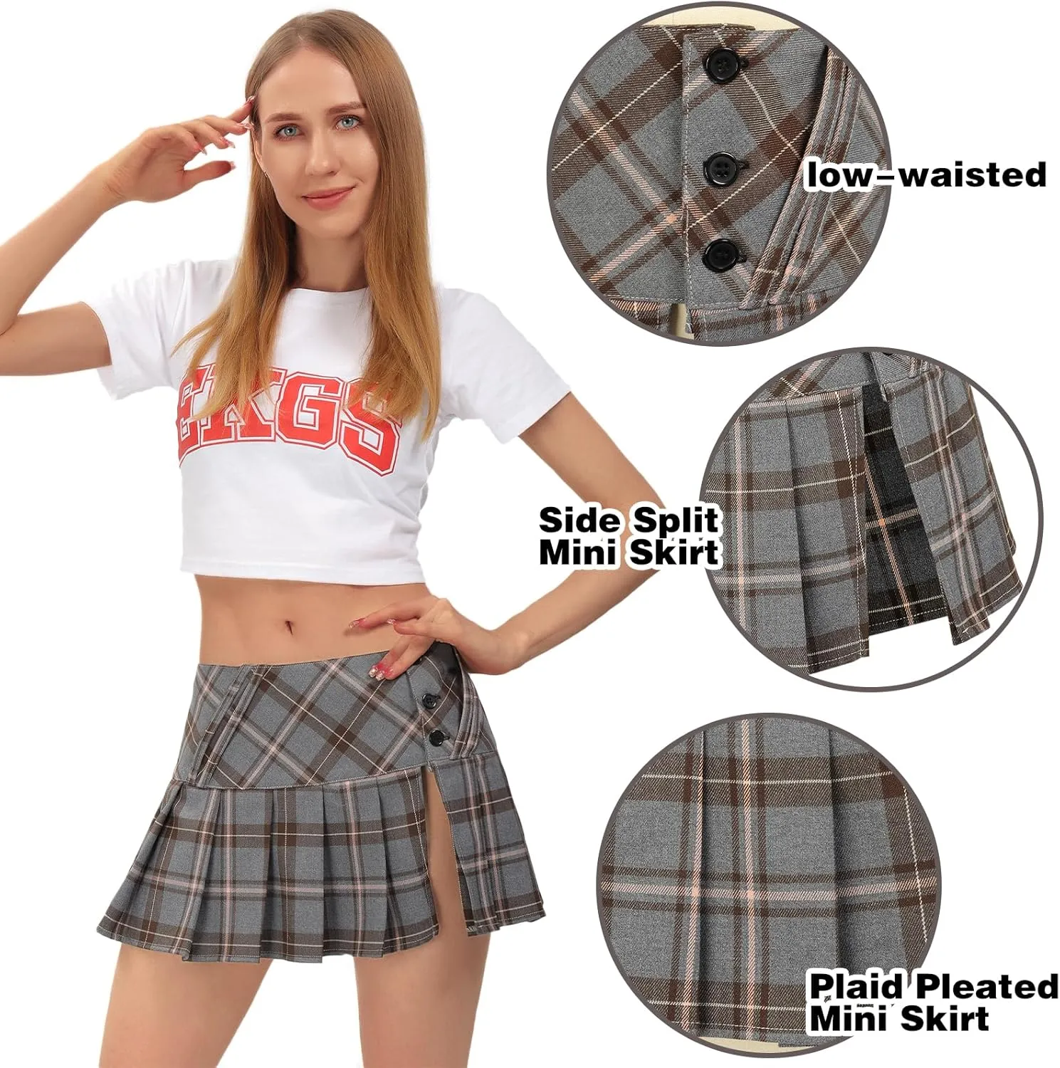 DAZCOS Mini Plaid Pleated Skirt Slip US Size Low Waist Slit Cosplay Uniform for Women