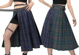DAZCOS Plaid Slit Thigh Maxi US Size Low Waist Pleated Midi Skirt with Belt for Women