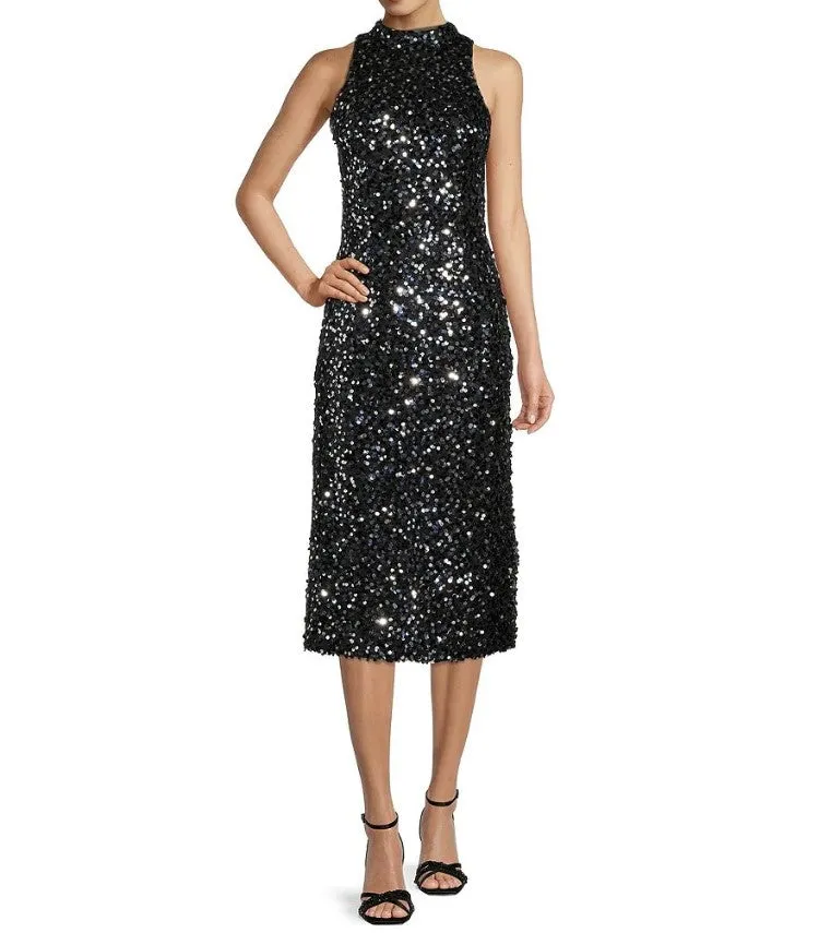Donna Morgan Sequin Mock Neck Sleeveless Midi Dress