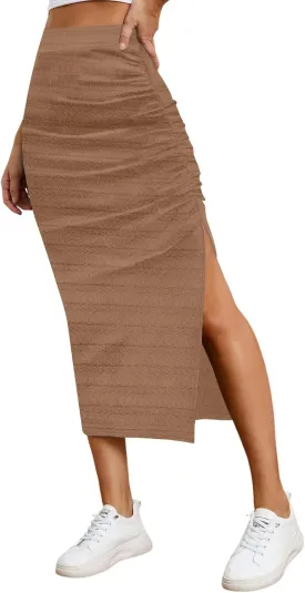 EARKOHA Pencil Midi Skirt for Women 2024 Fall Casual High Waist Ruched Ribbed Knit Stretchy Bodycon Skirt with Slit