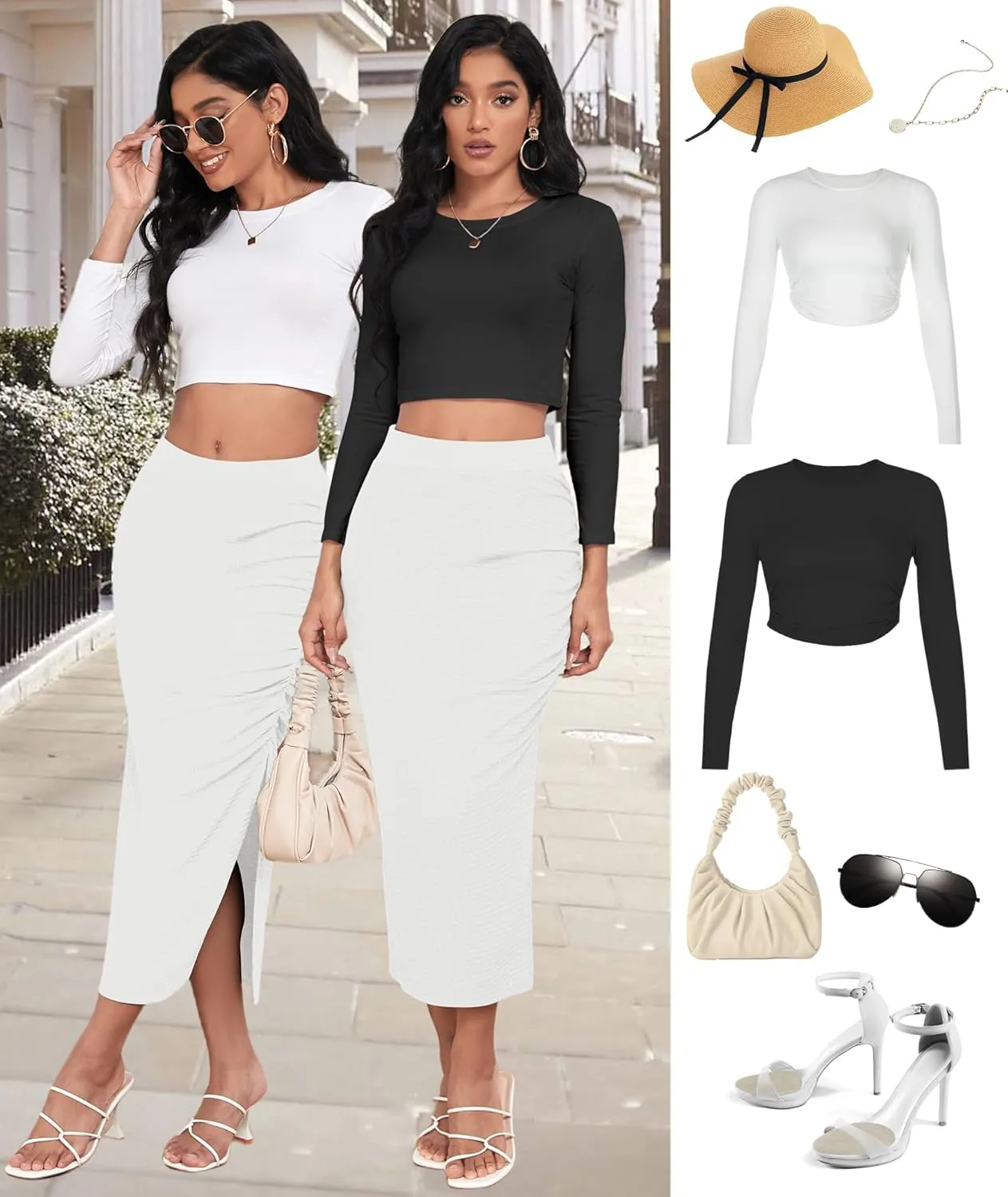 EARKOHA Pencil Midi Skirt for Women 2024 Fall Casual High Waist Ruched Ribbed Knit Stretchy Bodycon Skirt with Slit