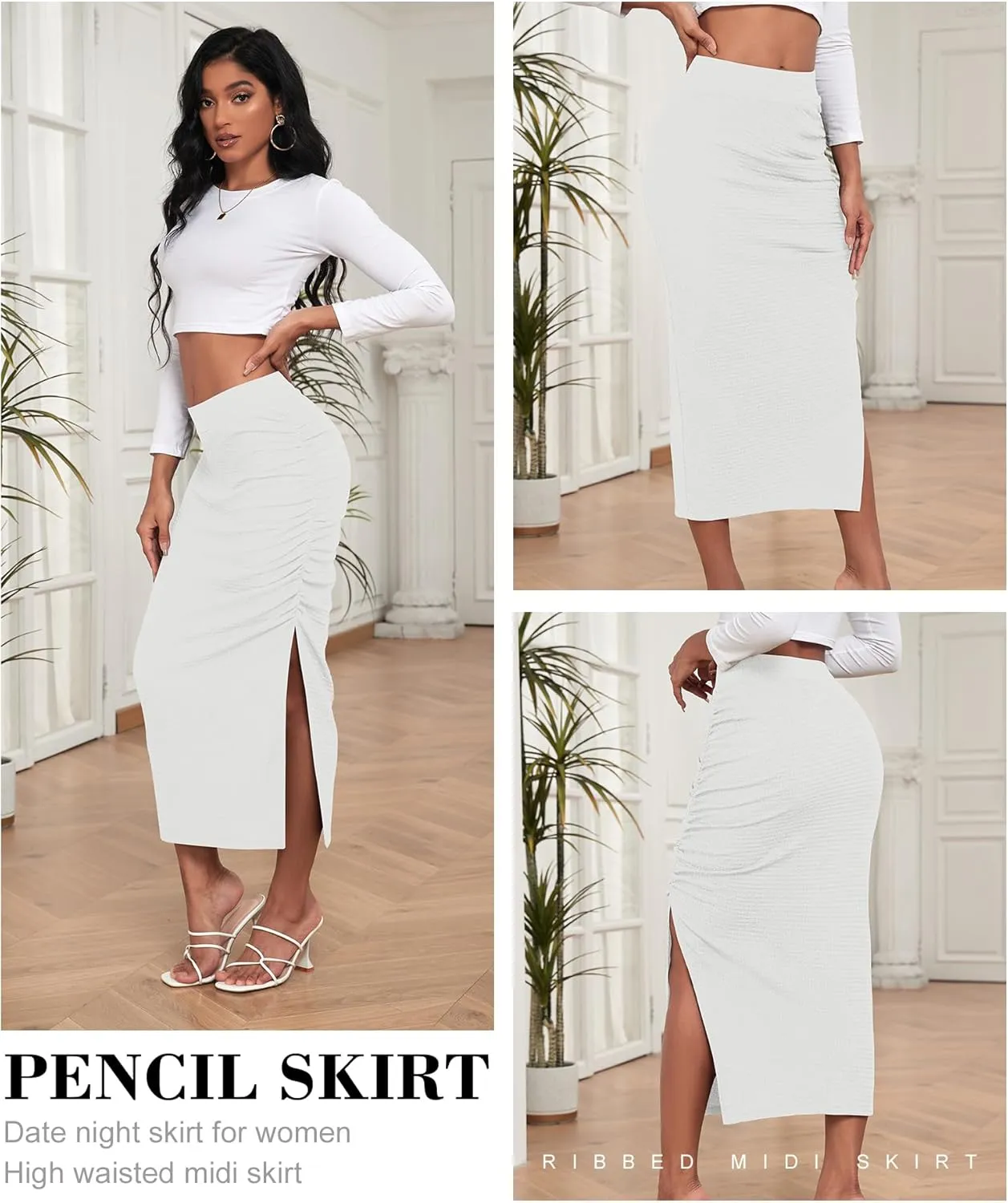 EARKOHA Pencil Midi Skirt for Women 2024 Fall Casual High Waist Ruched Ribbed Knit Stretchy Bodycon Skirt with Slit