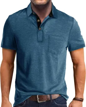 EDITCOZY Mens Polo Shirts with Pocket Casual Classic Short Sleeve Button Golf T-Shirt Top