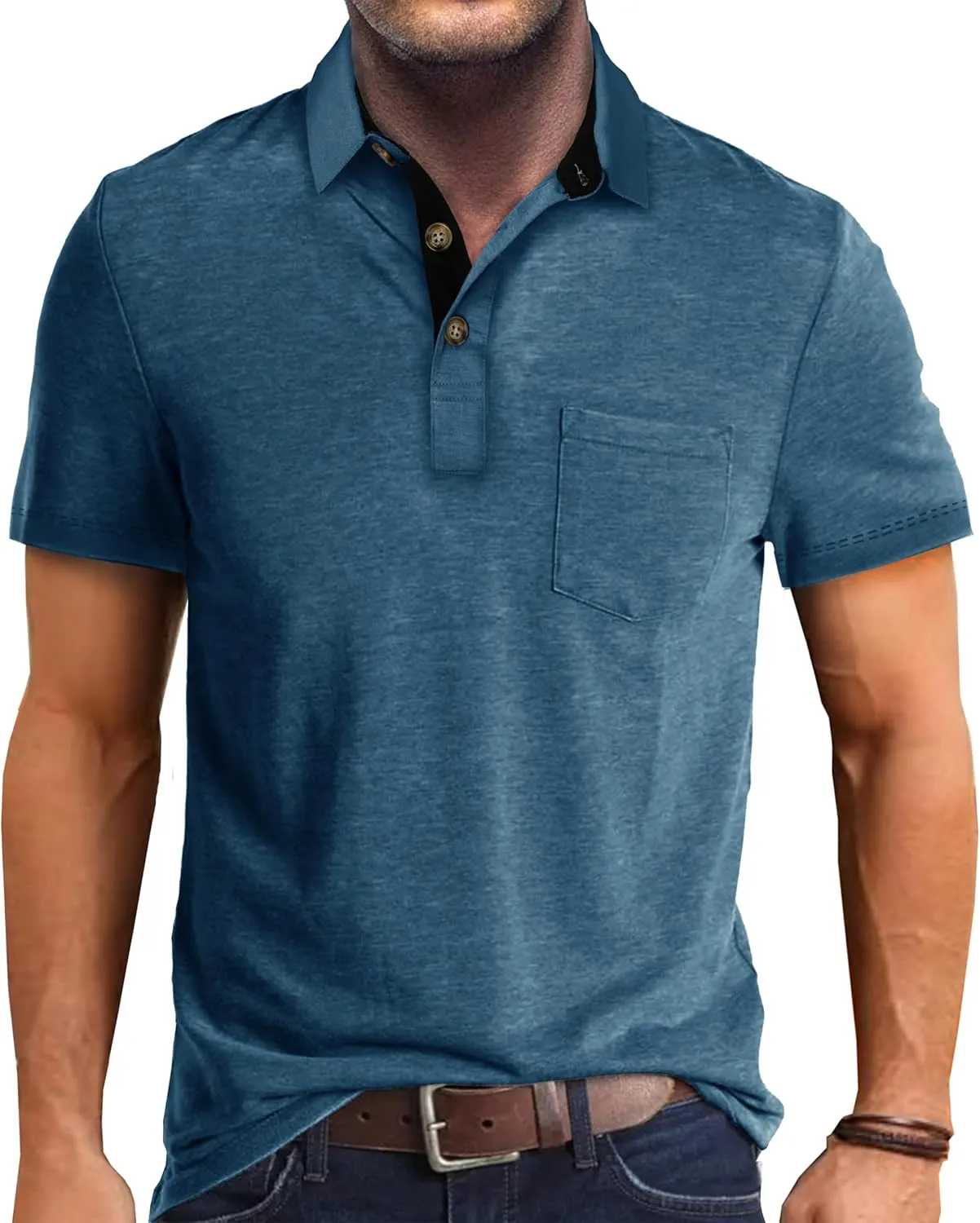 EDITCOZY Mens Polo Shirts with Pocket Casual Classic Short Sleeve Button Golf T-Shirt Top