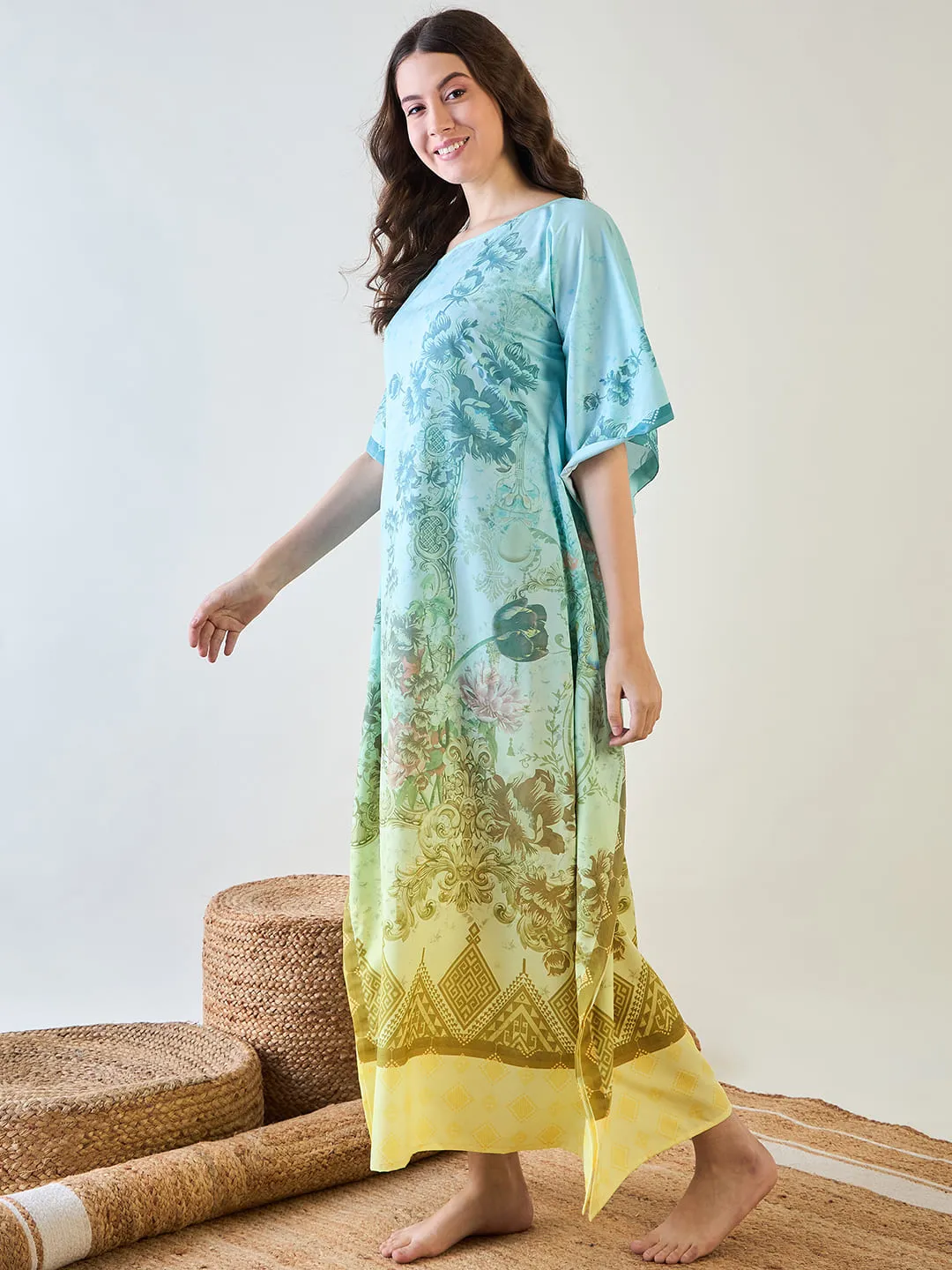 Elegant Floral Crepe Kaftan with Gradient Design