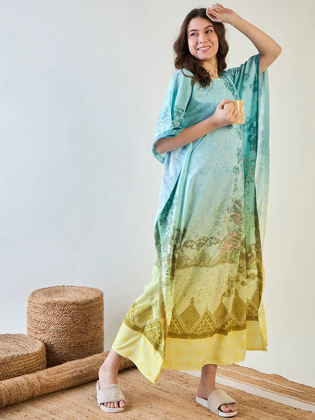 Elegant Floral Crepe Kaftan with Gradient Design
