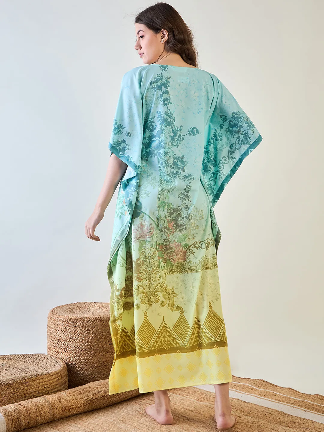 Elegant Floral Crepe Kaftan with Gradient Design