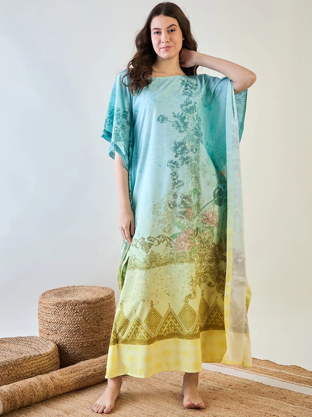 Elegant Floral Crepe Kaftan with Gradient Design