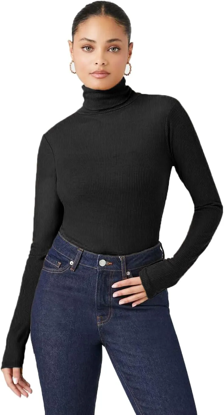 Emmalise Womens Turtleneck Top Long Sleeves Fitted Ribbed Top