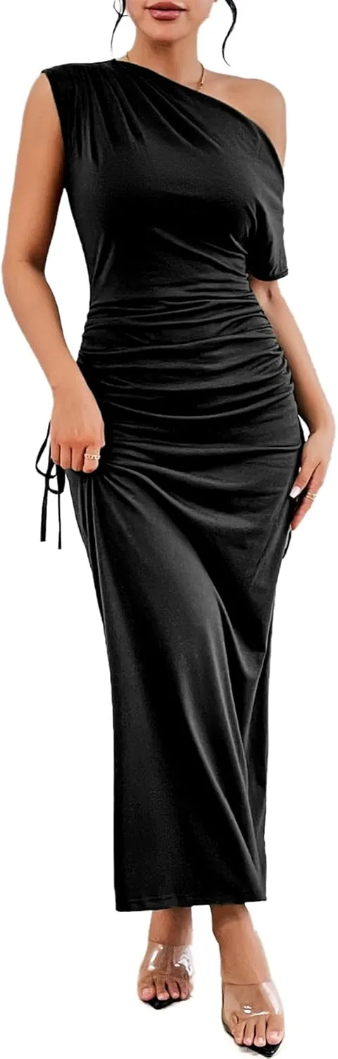 Floerns Women's Asymmetrical Neck Short Sleeve Ruched Fishtail Hem Party Long Dress