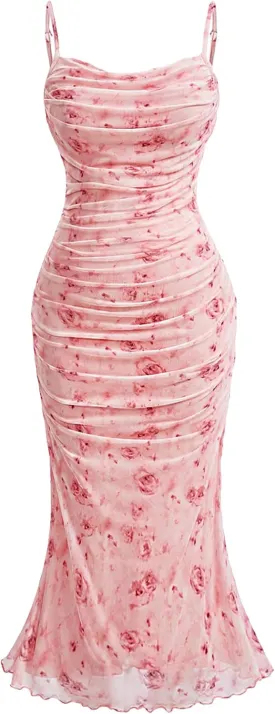 Floerns Women's Plus Size Floral Print Ruched Party Fishtail Hem Cami Midi Dress