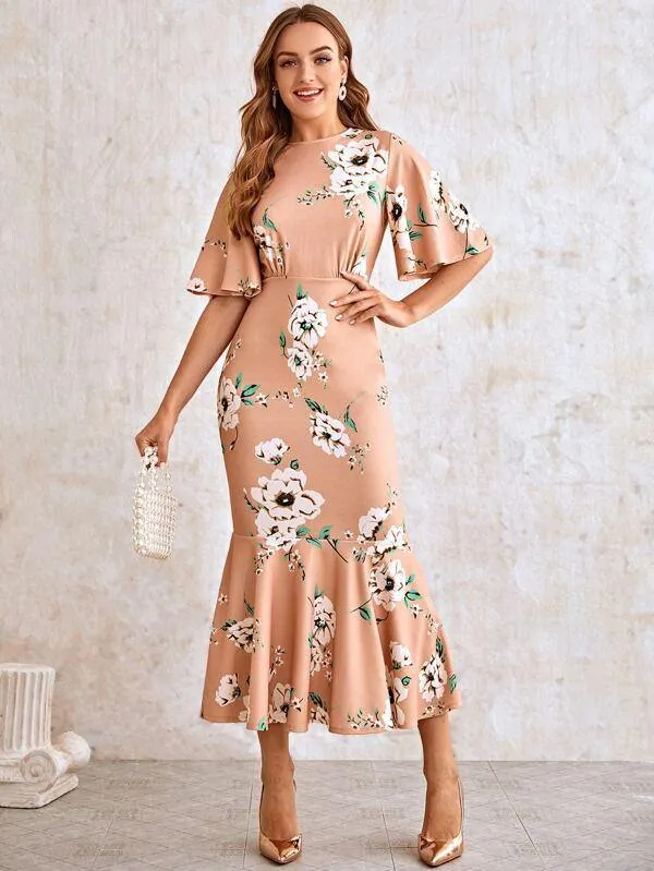 Flutter Sleeve Fishtail Hem Floral Print Dress