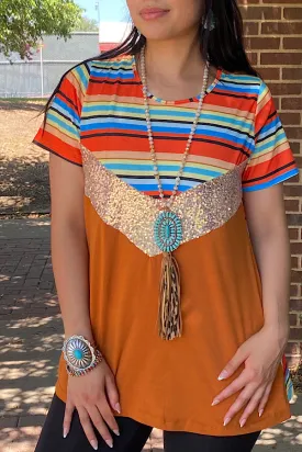 FW9817 Rust/striped short sleeve top w/sequin (AS8)