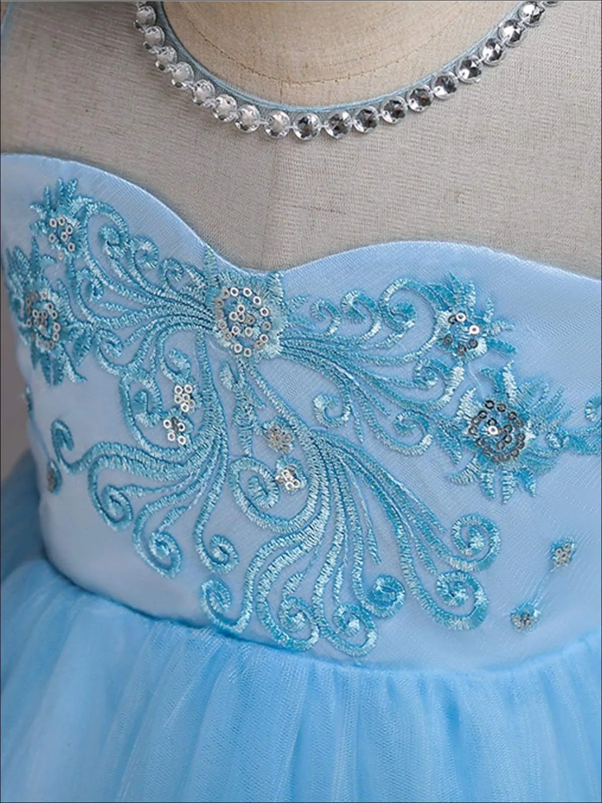 Girls Sleeveless Faux Crystal Neckline Sequin And Lace Embroidery Dress