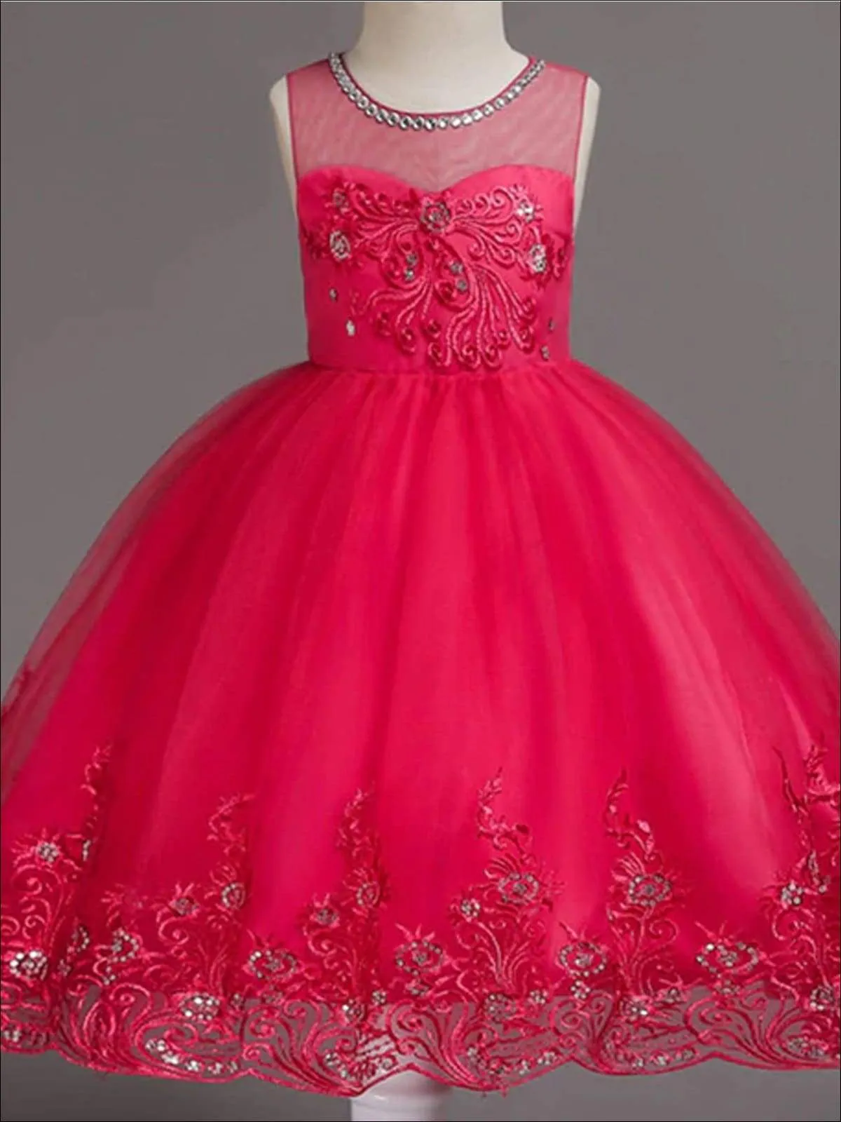 Girls Sleeveless Faux Crystal Neckline Sequin And Lace Embroidery Dress